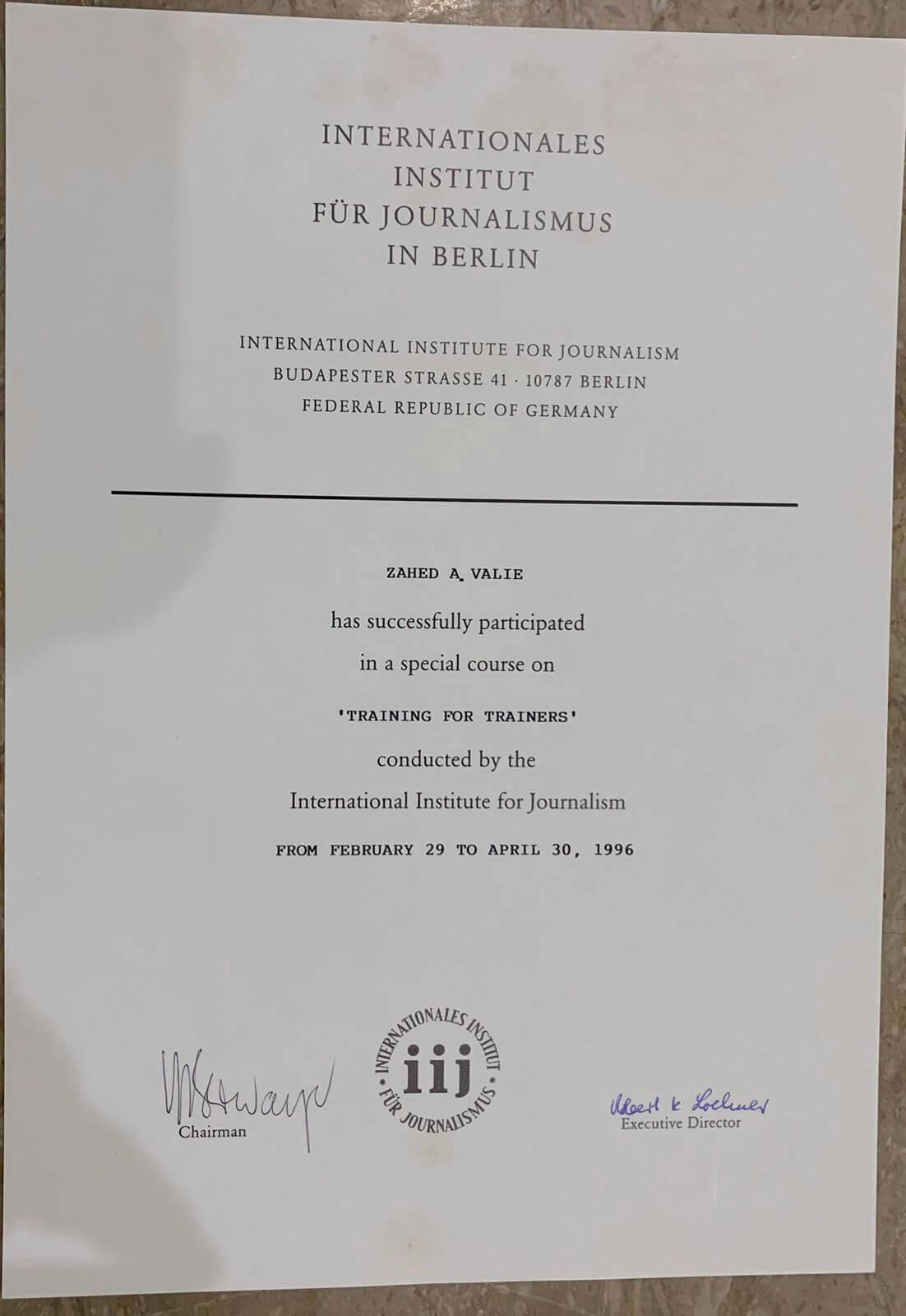 Wali Zahid certificate